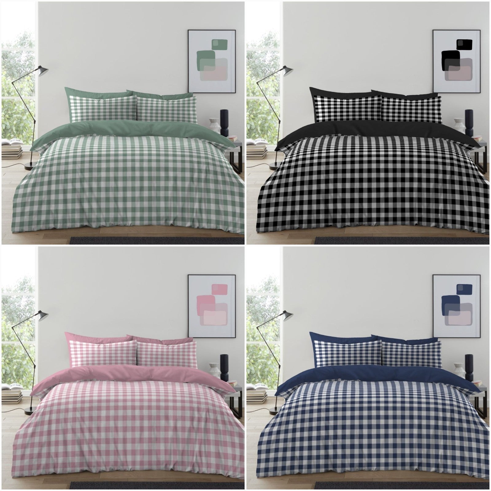 Gingham Check Duvet Cover with Pillowcases Reversible Quilt Bedding Set All Size
