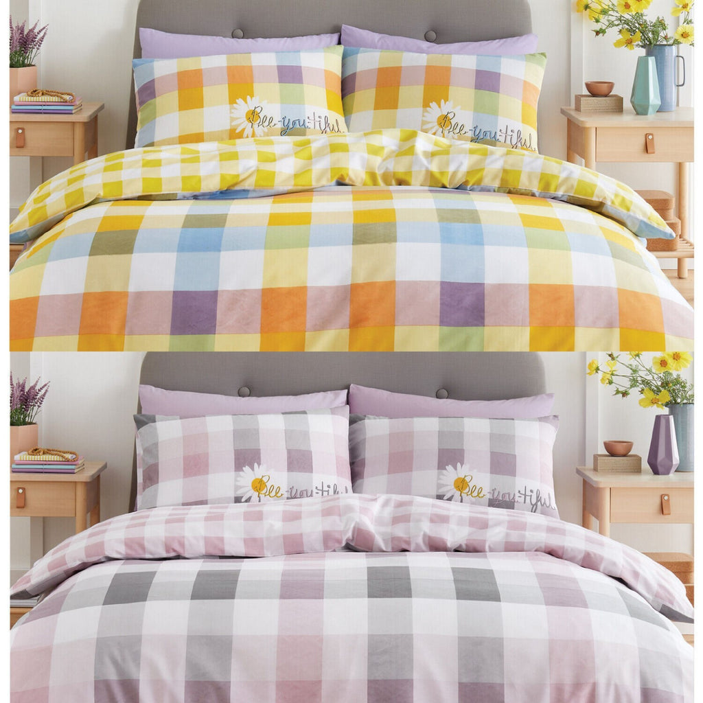 Sunny Gingham Check Duvet Quilt Cover & Pillow Case Bedding Set Blush Pink Multi