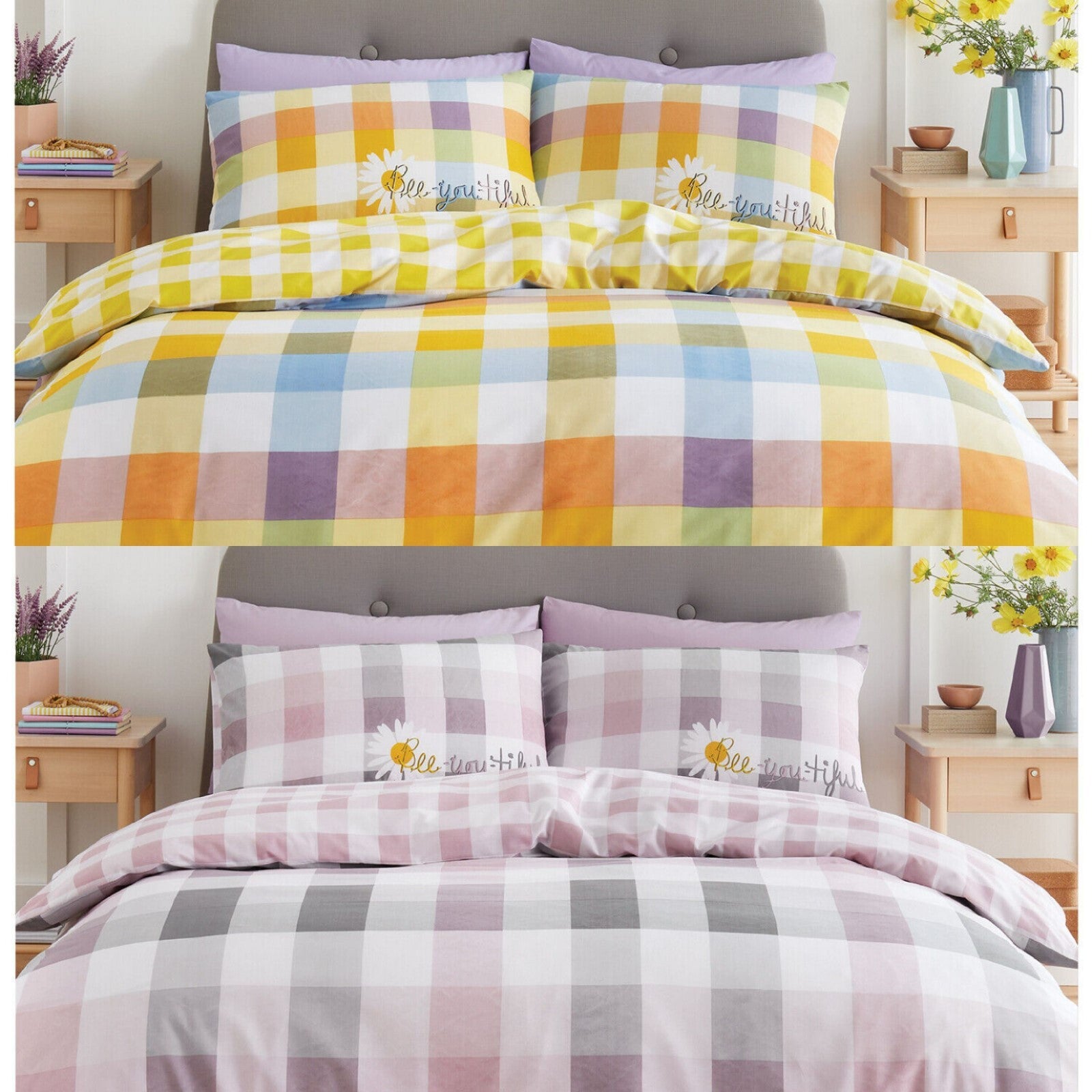 Sunny Gingham Check Duvet Quilt Cover & Pillow Case Bedding Set Blush Pink Multi