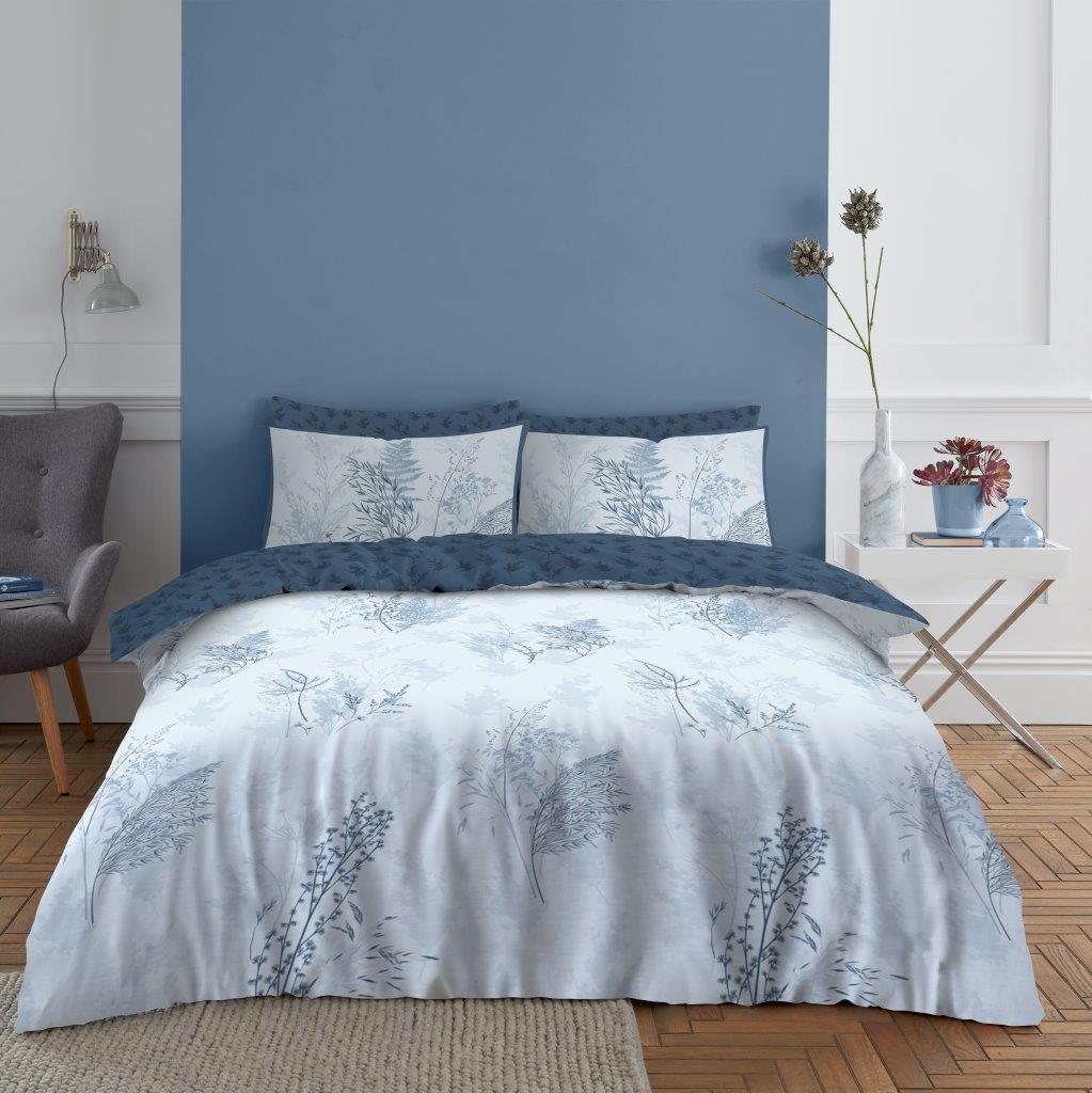 Blue Bell Leaf Reversible Duvet Quilt Cover & Pillow Case Bedding Bed Set White