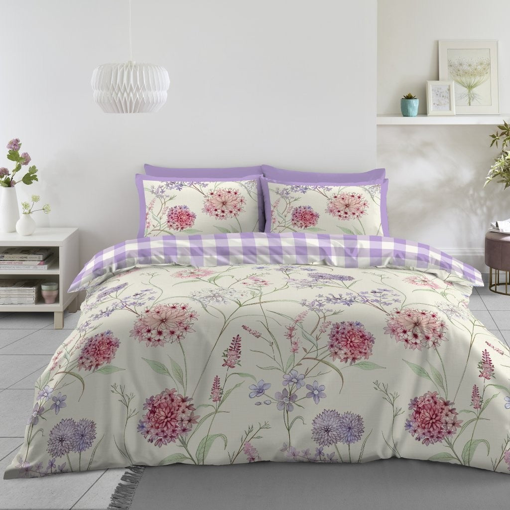 Botanical Reversible Duvet Quilt Cover Pillow Case Bedding Bed Set Lilac Multi