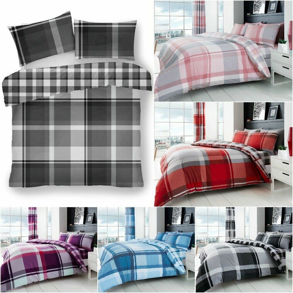 Duvet Cover Set Double King Check Bedding – Waverly Grey Blue with Pillowcases