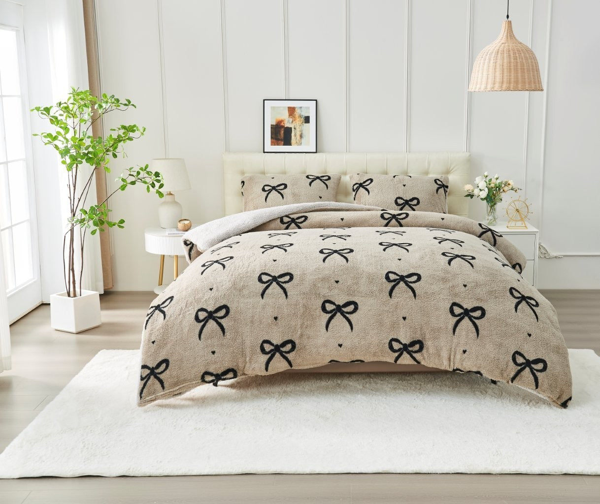 Teddy Fleece Bows Natural Duvet Quilt Cover Bedding Set
