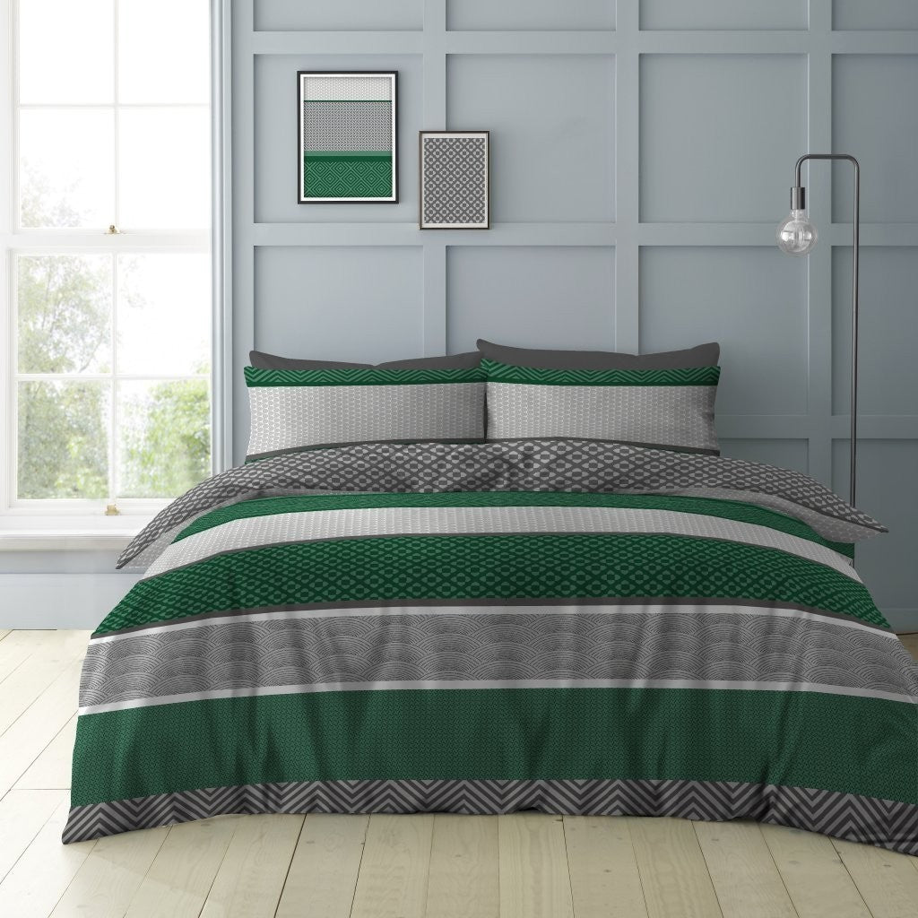 Rufus Striped Reversible Duvet Quilt Cover Pillow Case Bedding Bed Set Green