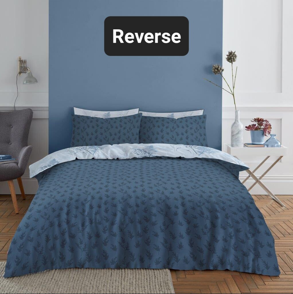 Blue Bell Leaf Reversible Duvet Quilt Cover & Pillow Case Bedding Bed Set White