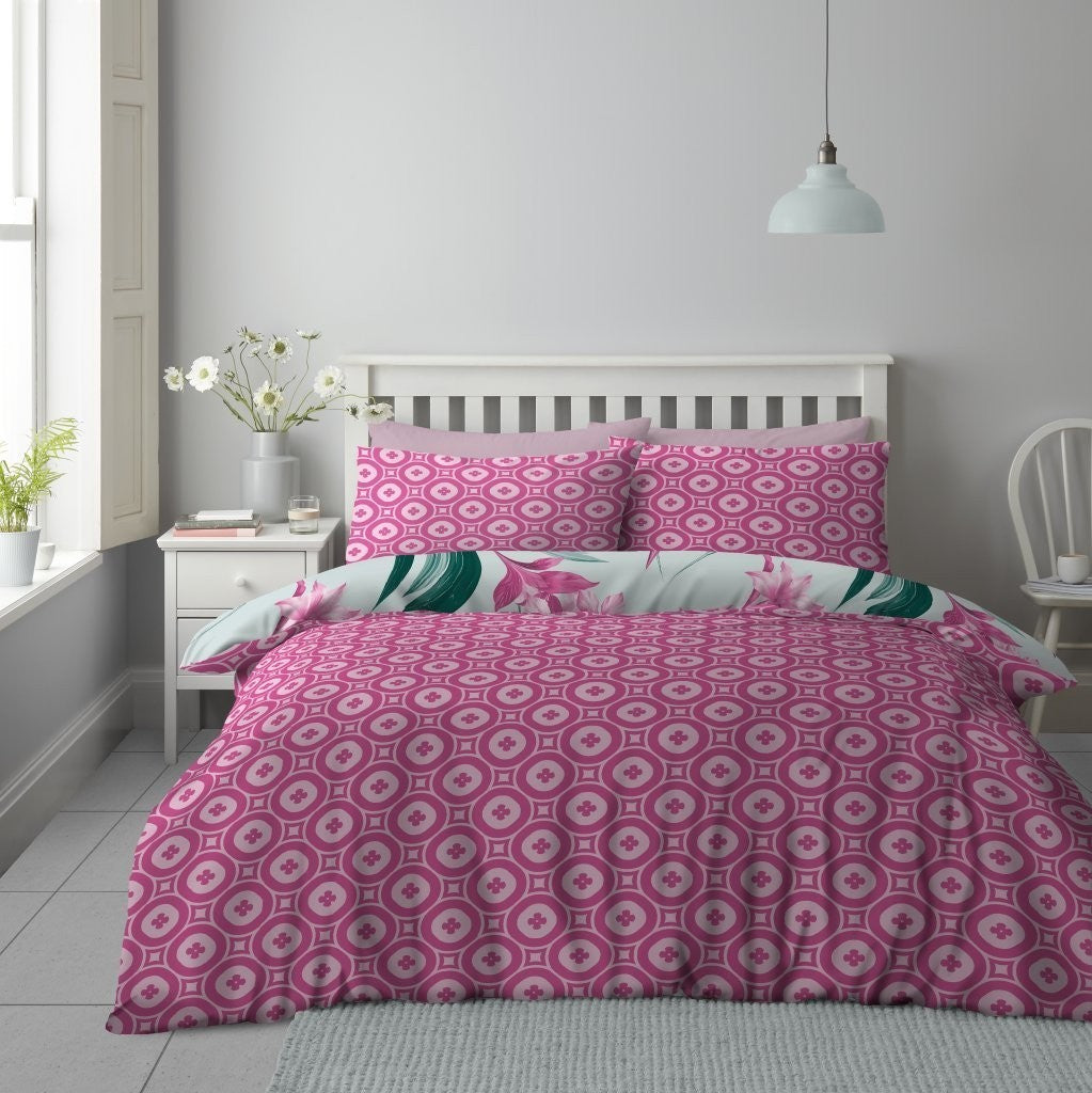 Iggy Floral Reversible Duvet Quilt Cover Pillow Case Bedding Bed Set Pink