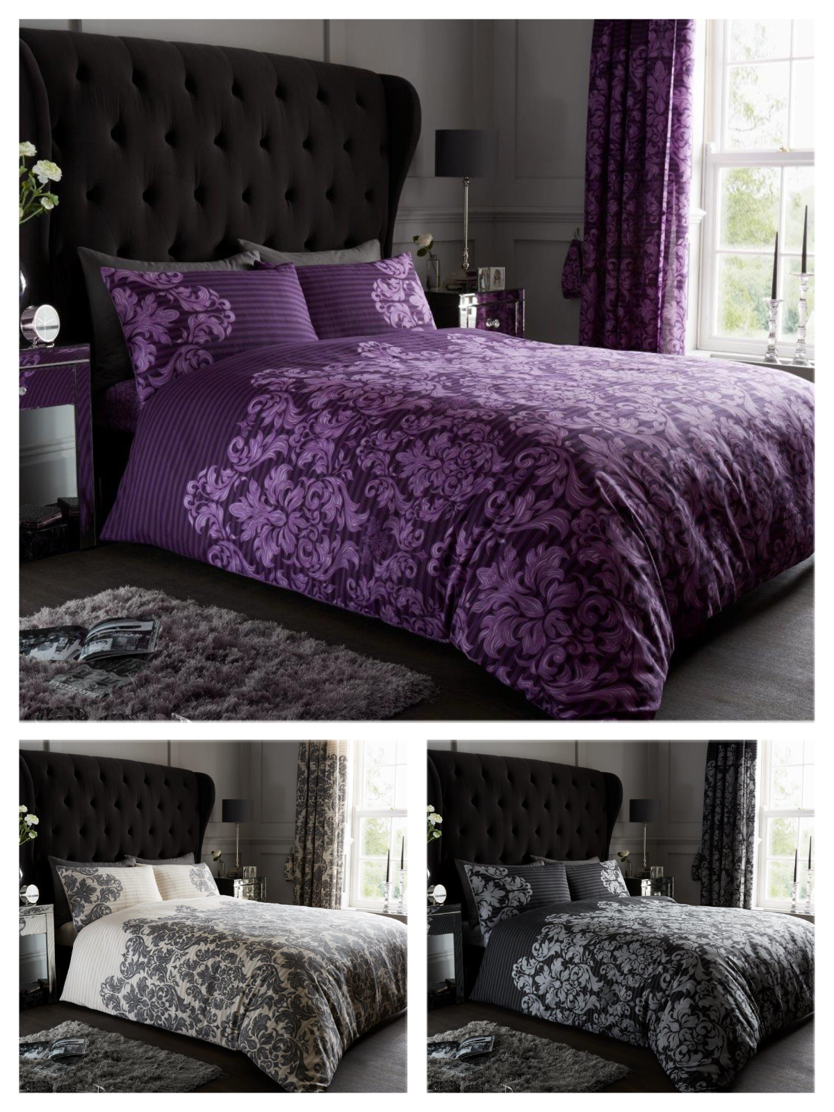 Empire Damask Duvet Quilt Cover & Pillow Case Bedding Set Black Cream Purple