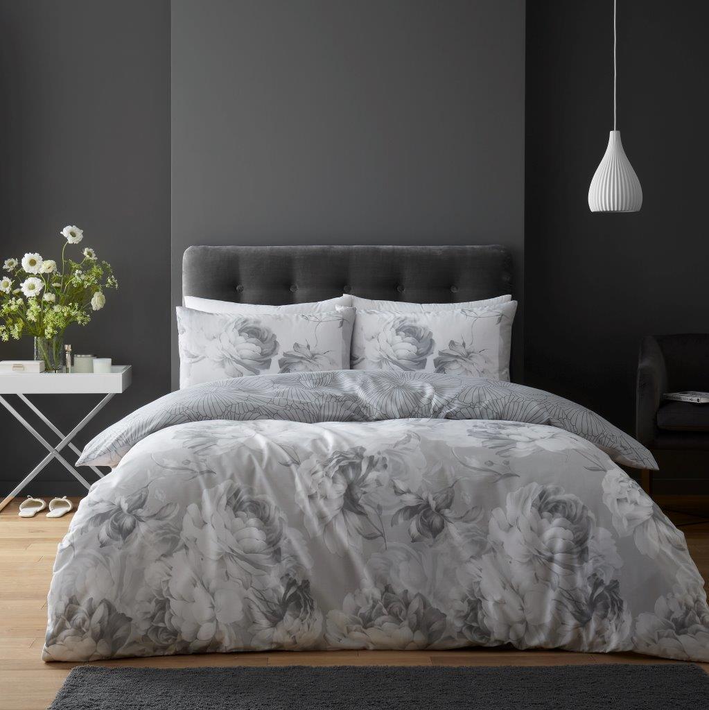 Skylar Rose Floral Flower Duvet Quilt Cover & Pillow Case Bedding Set Grey