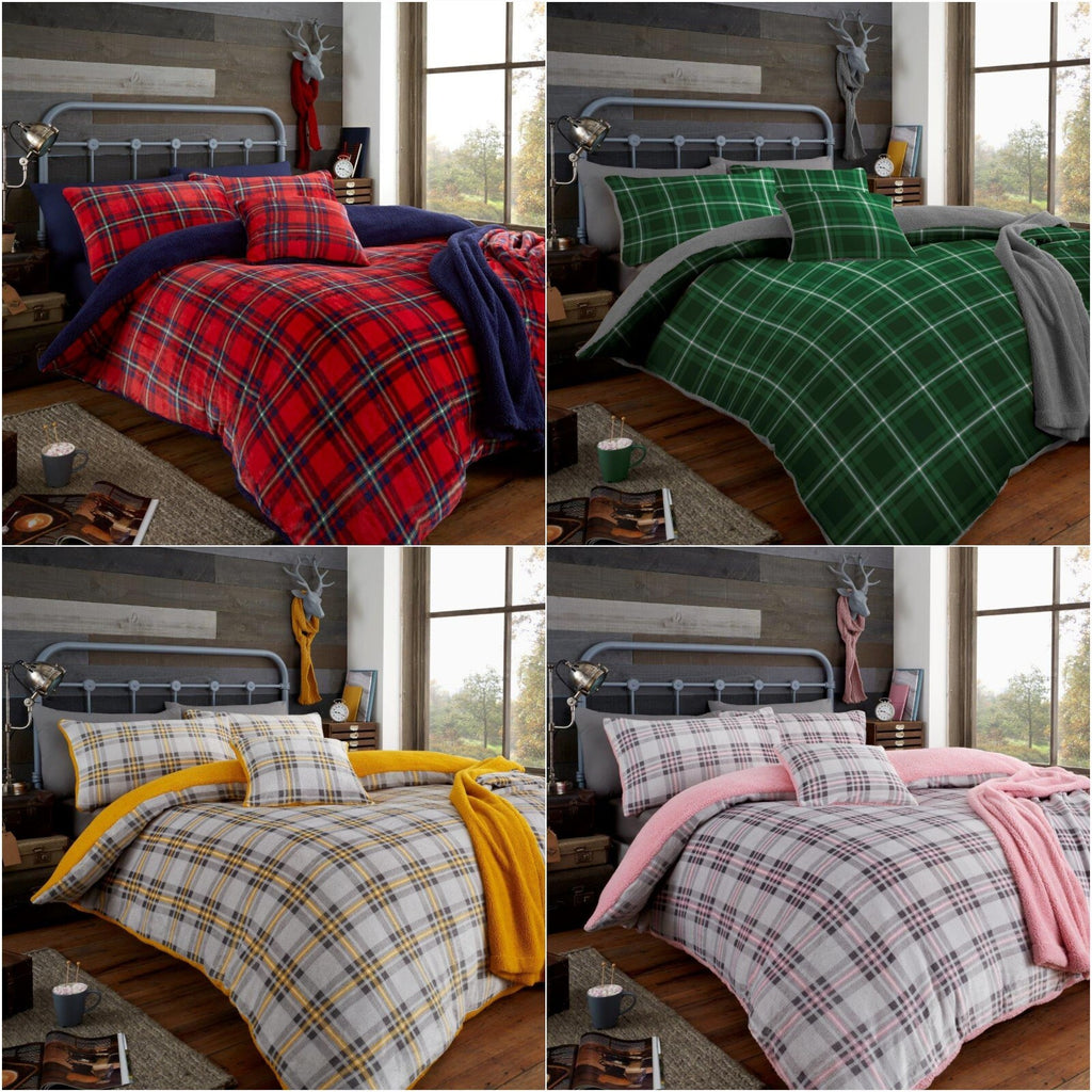 Teddy Bear Fleece Tartan Highland Check Checked Duvet Quilt Cover Bedding Set