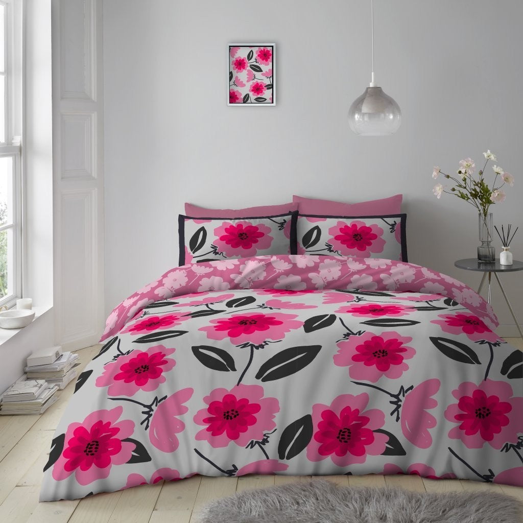 Leni Floral Reversible Duvet Quilt Cover Pillow Case Bedding Bed Set Pink
