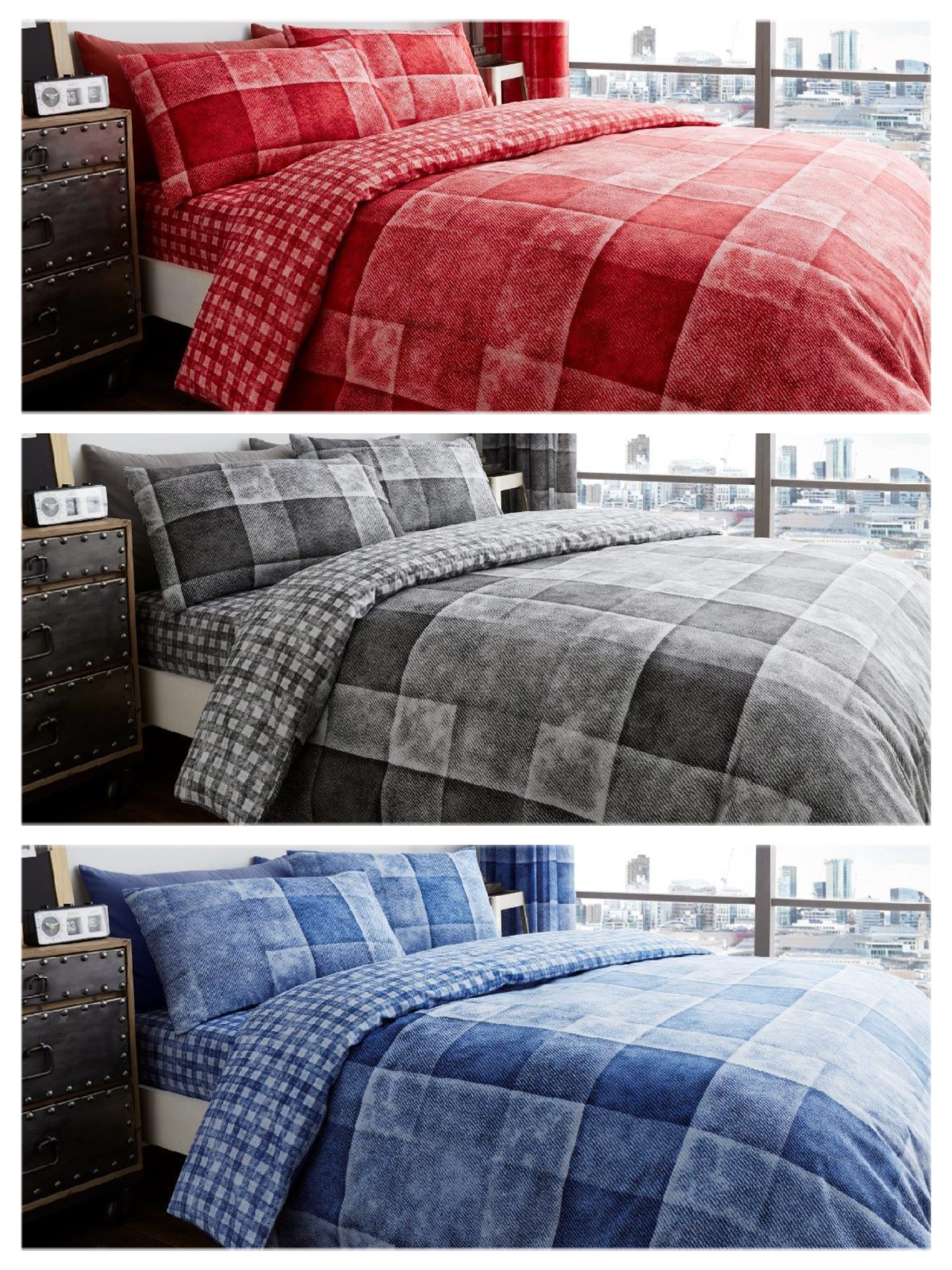 Duvet Cover Set Double King Check Bedding – Denim Red Grey Blue with Pillowcases