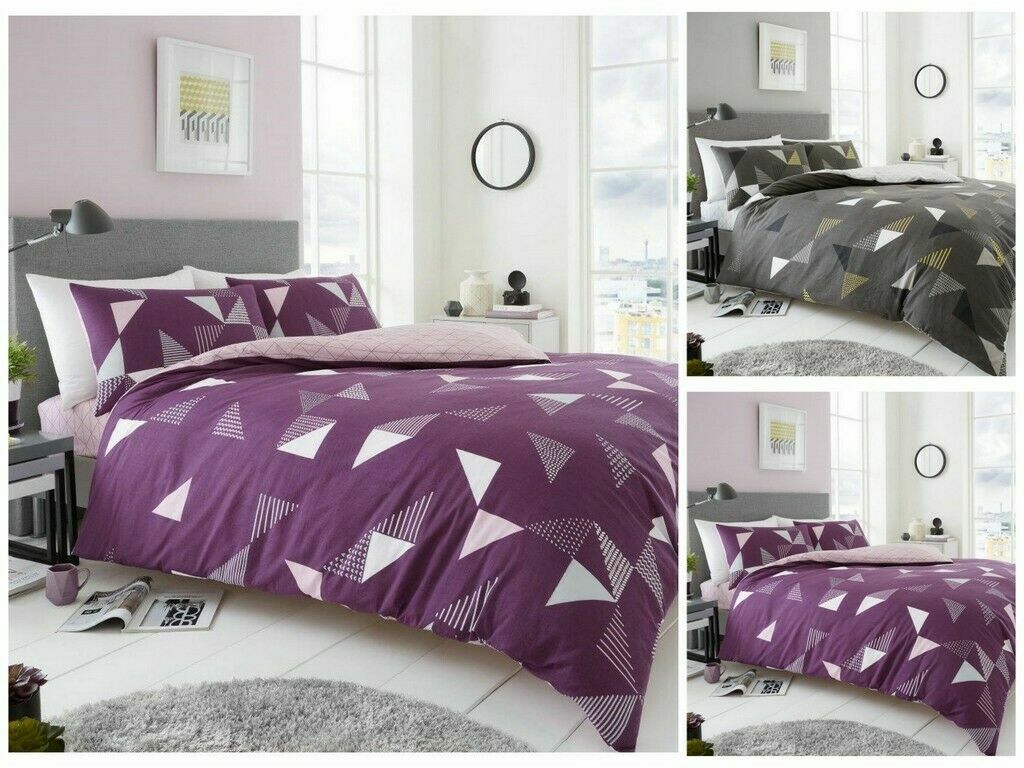 Marco Triangle Duvet Quilt Cover & Pillow Case Bedding Set Grey Purple
