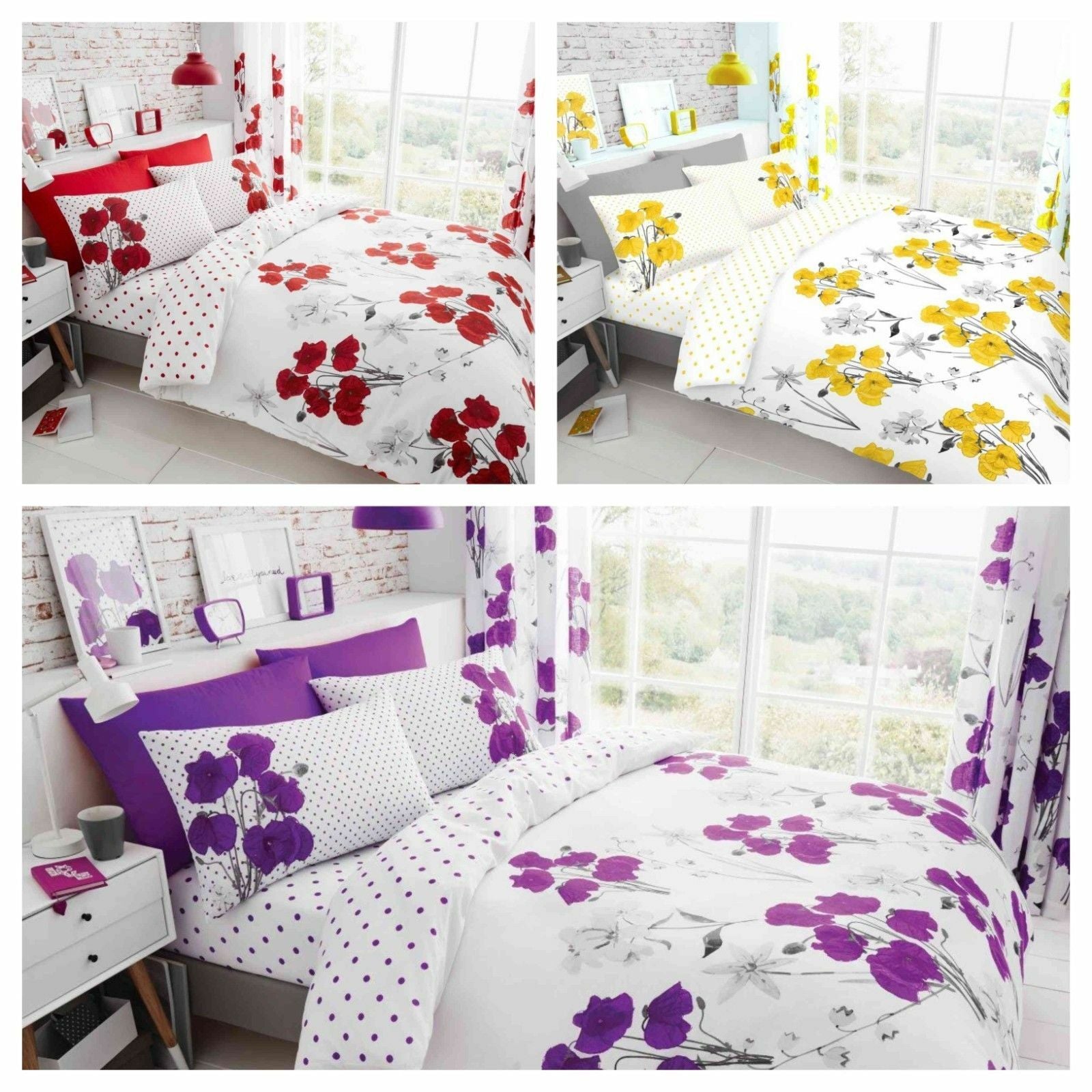 Poppy Floral Polka Dot Duvet Quilt Cover & Pillow Case Bedding Set Yellow Red