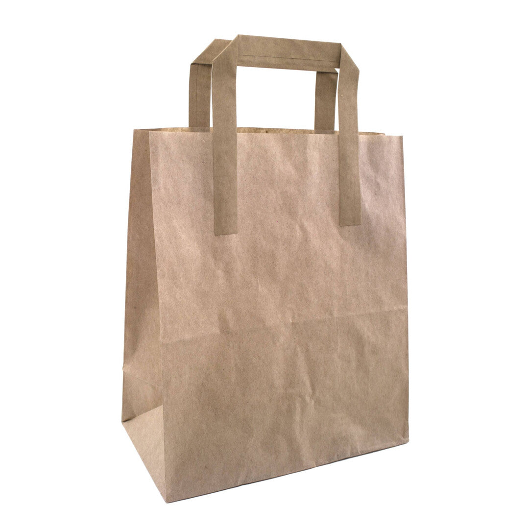 250 Large Brown Kraft Paper Carrier Bags With Handles Food Takeaway Party