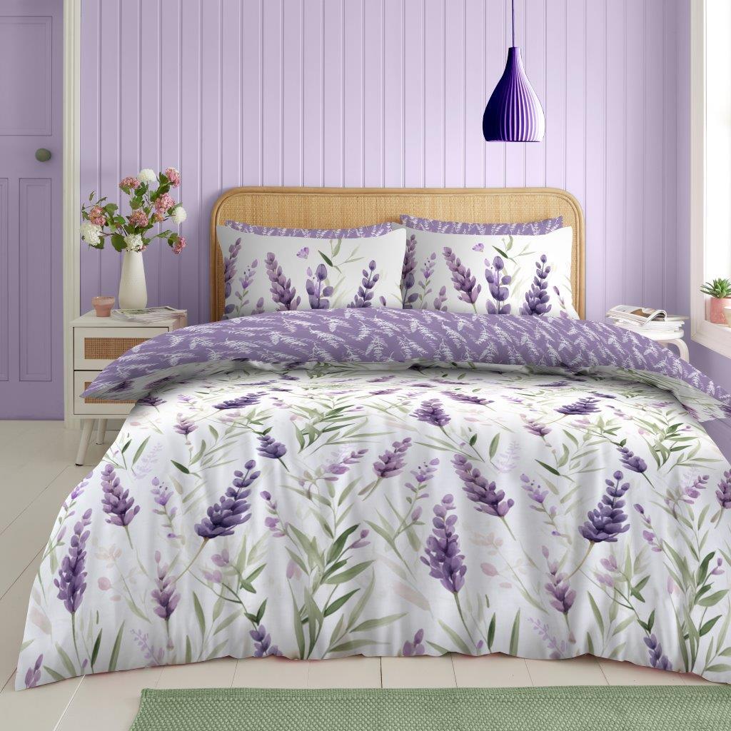 Lavender Floral Reversible Duvet Quilt Cover Pillow Case Bedding Bed Set Purple