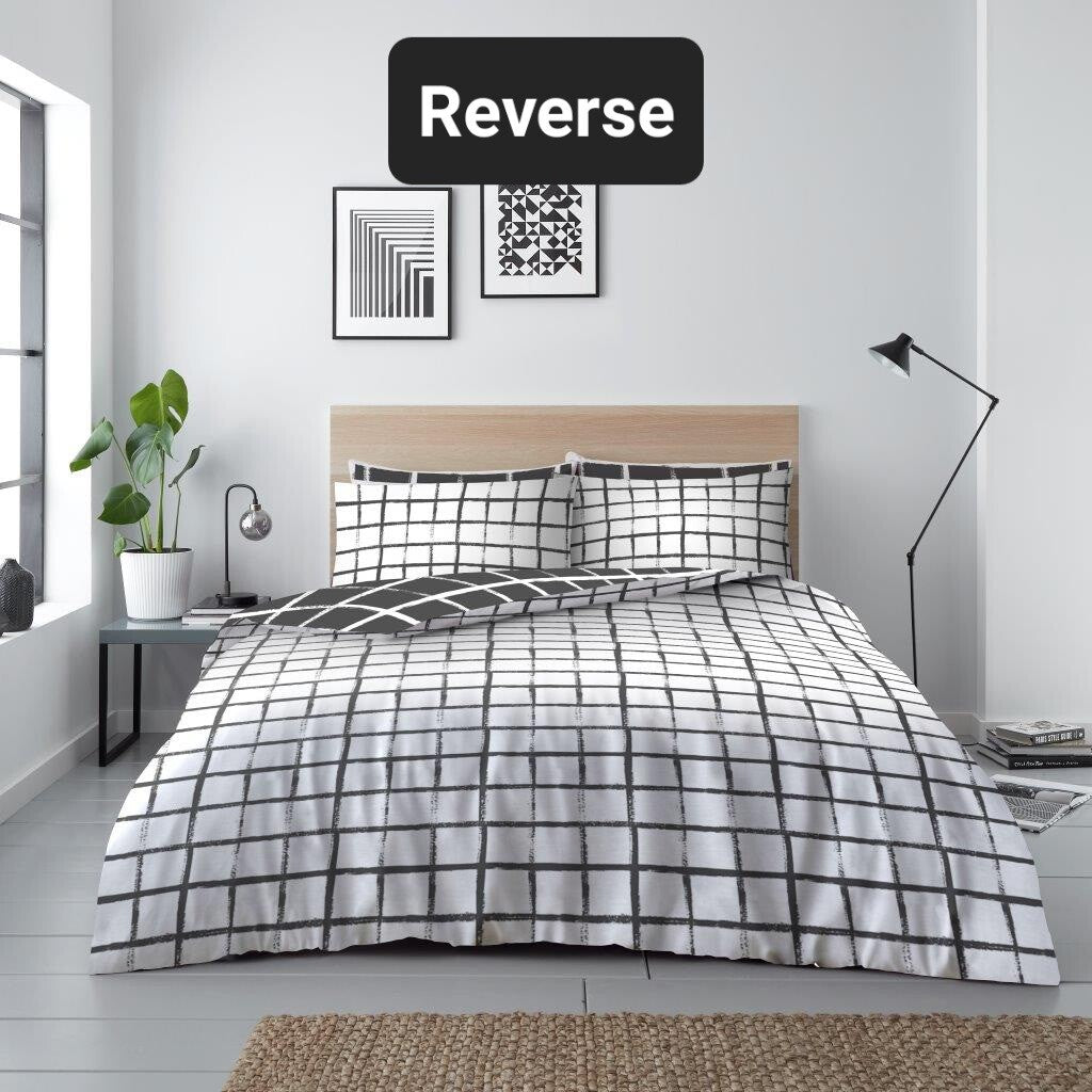 Blaine Check Reversible Duvet Quilt Cover & Pillow Case Bedding Bed Set Grey