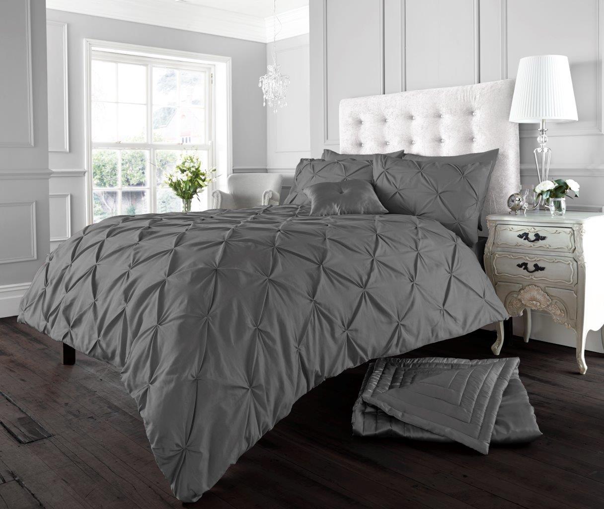 Alford Pintuck Luxurious Duvet Quilt Cover Bedding Set Silver Charcoal Grey