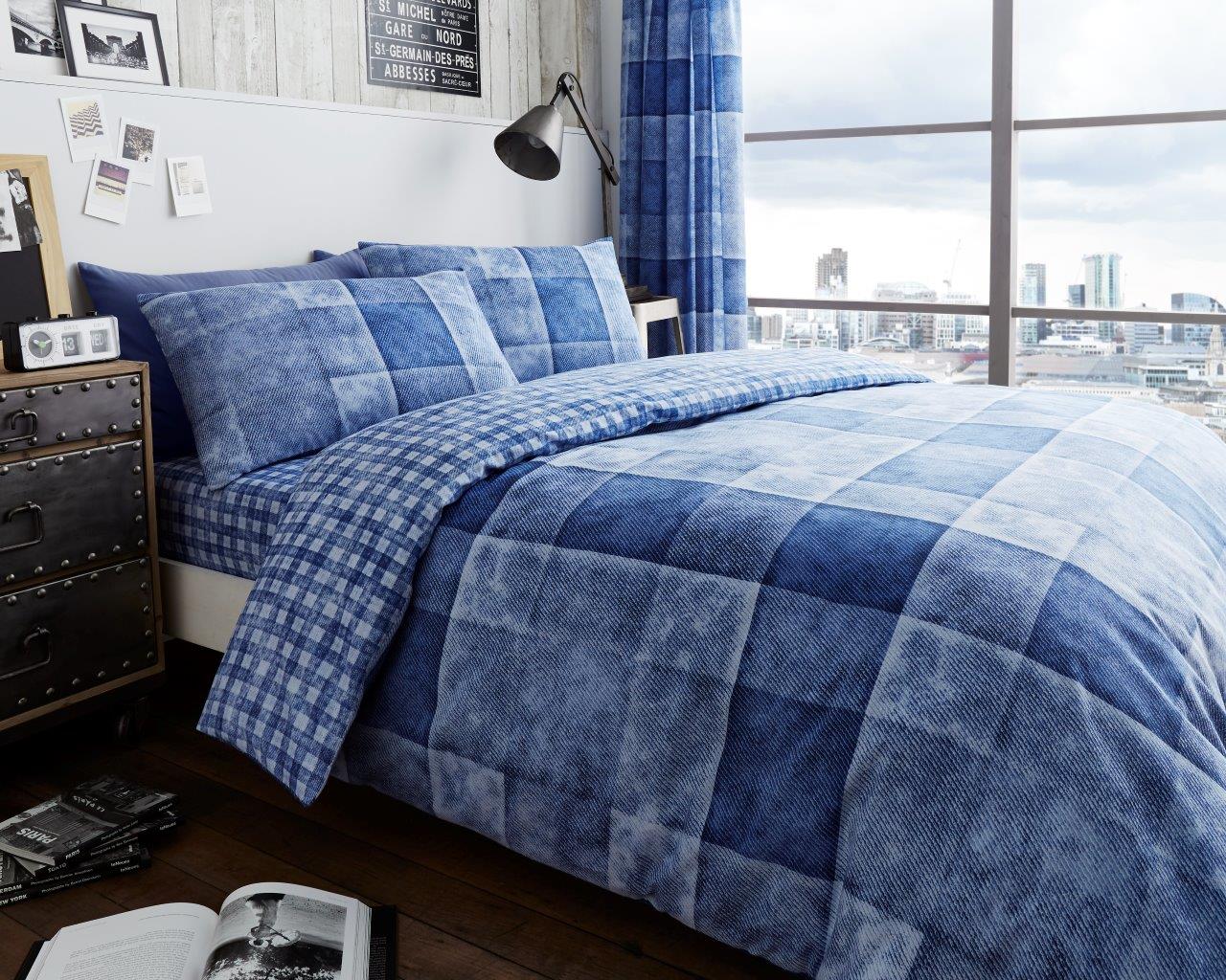 Duvet Cover Set Double King Check Bedding – Denim Red Grey Blue with Pillowcases