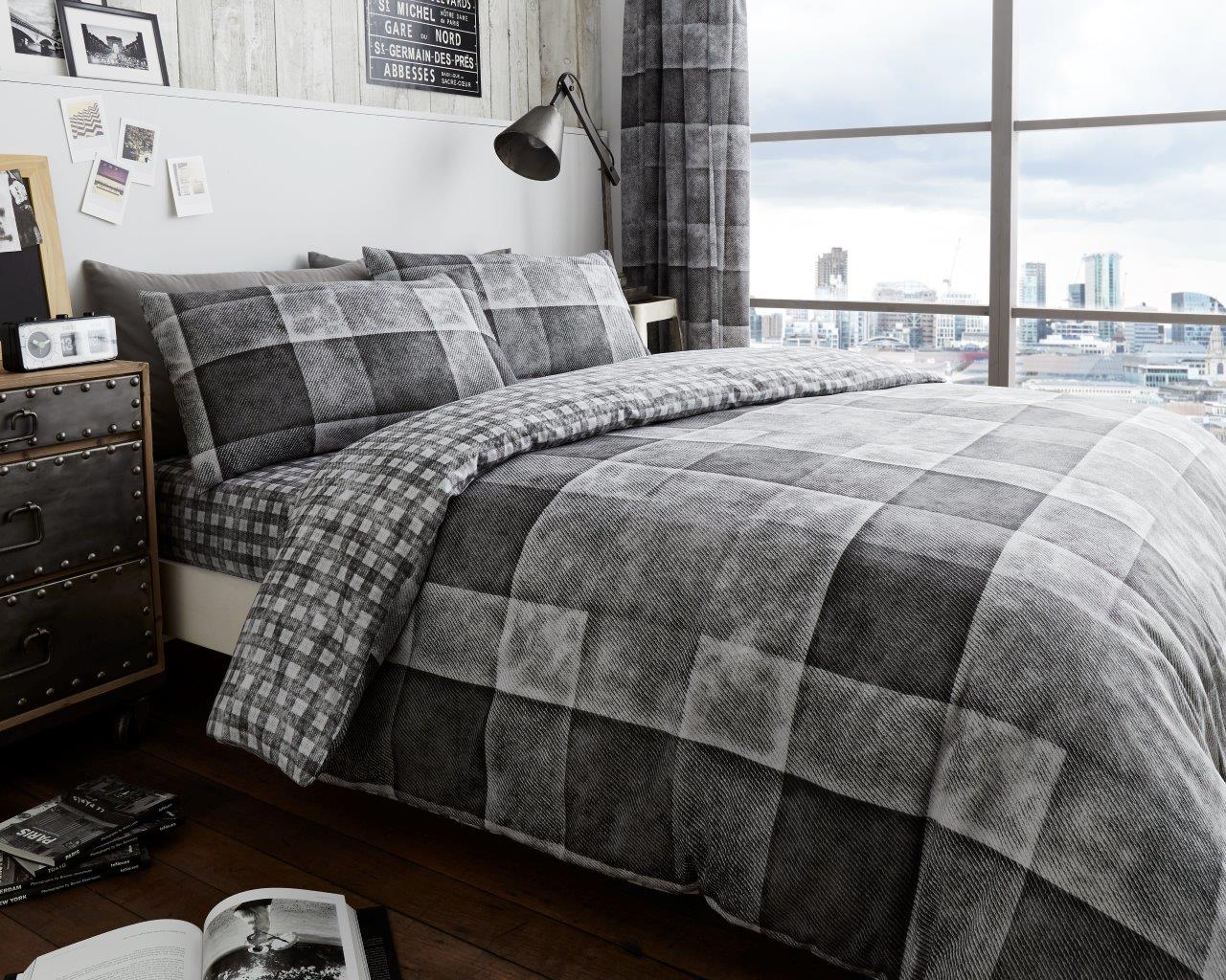 Duvet Cover Set Double King Check Bedding – Denim Red Grey Blue with Pillowcases