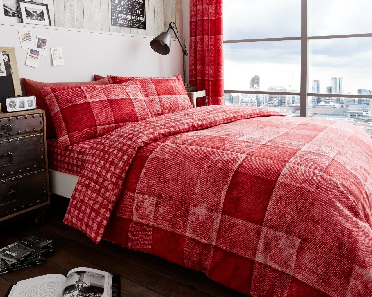 Duvet Cover Set Double King Check Bedding – Denim Red Grey Blue with Pillowcases