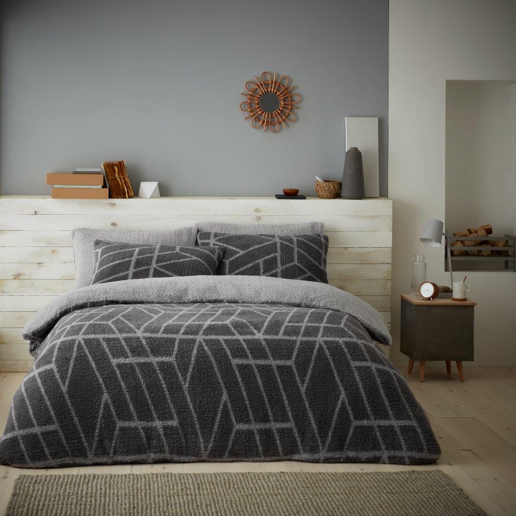 Teddy Fleece Ely Geometric Duvet Quilt Cover Bedding Set