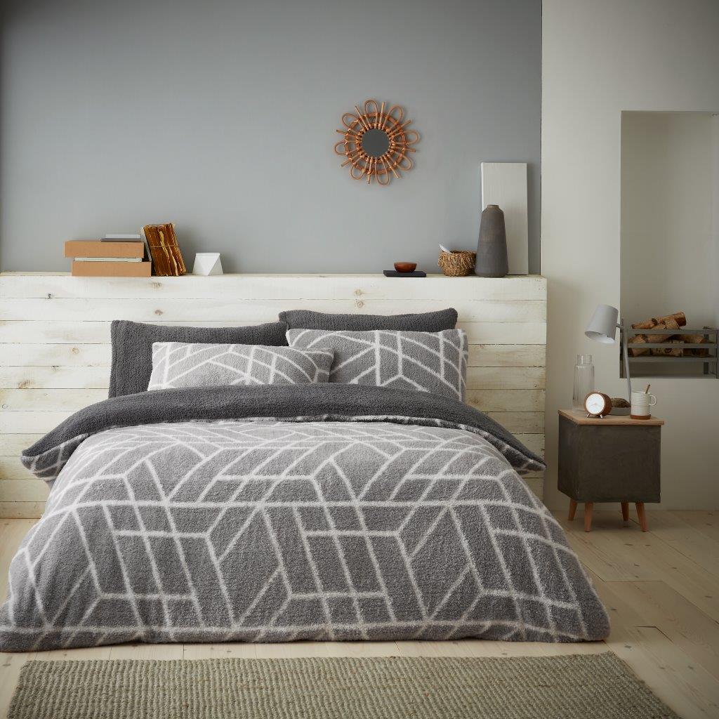 Teddy Fleece Ely Geometric Duvet Quilt Cover Bedding Set