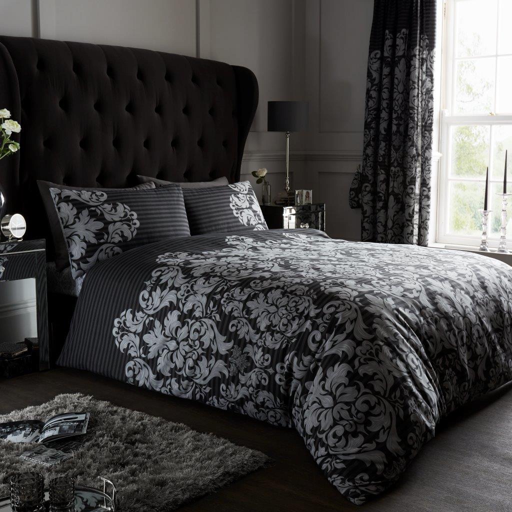 Empire Damask Duvet Quilt Cover & Pillow Case Bedding Set Black Cream Purple