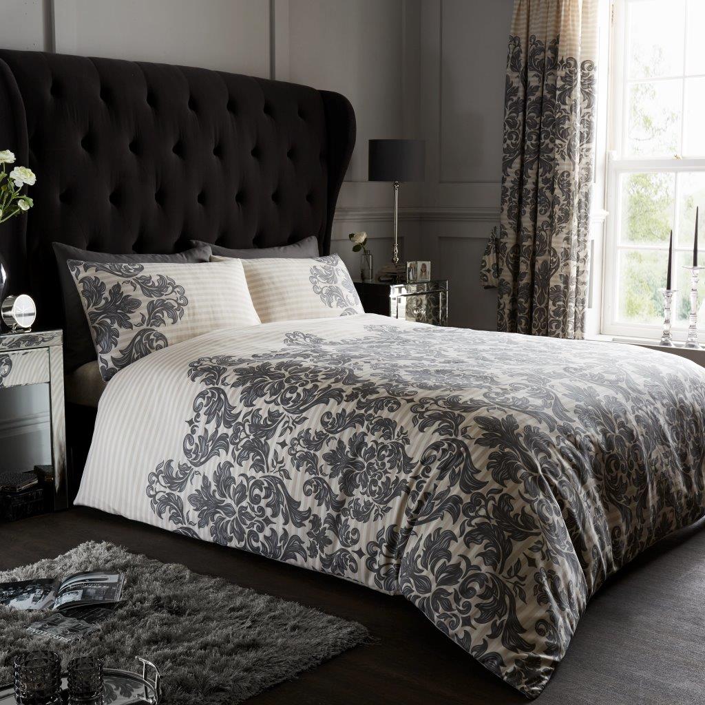 Empire Damask Duvet Quilt Cover & Pillow Case Bedding Set Black Cream Purple