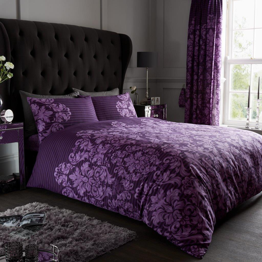 Empire Damask Duvet Quilt Cover & Pillow Case Bedding Set Black Cream Purple