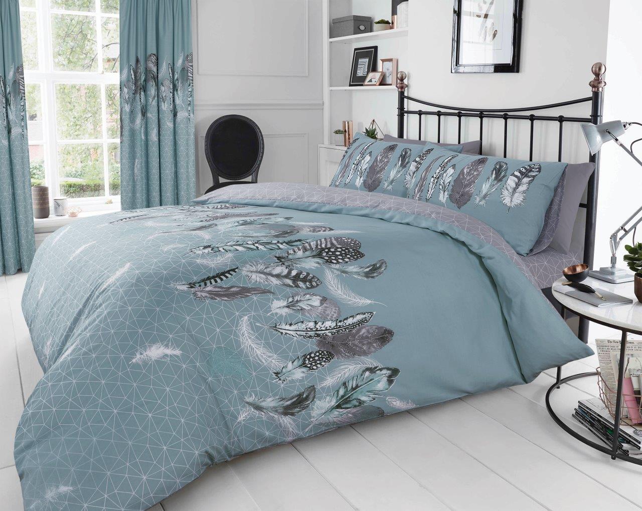Feathers Duvet Quilt Cover & Pillow Case Bedding Set Grey Pink Yellow White