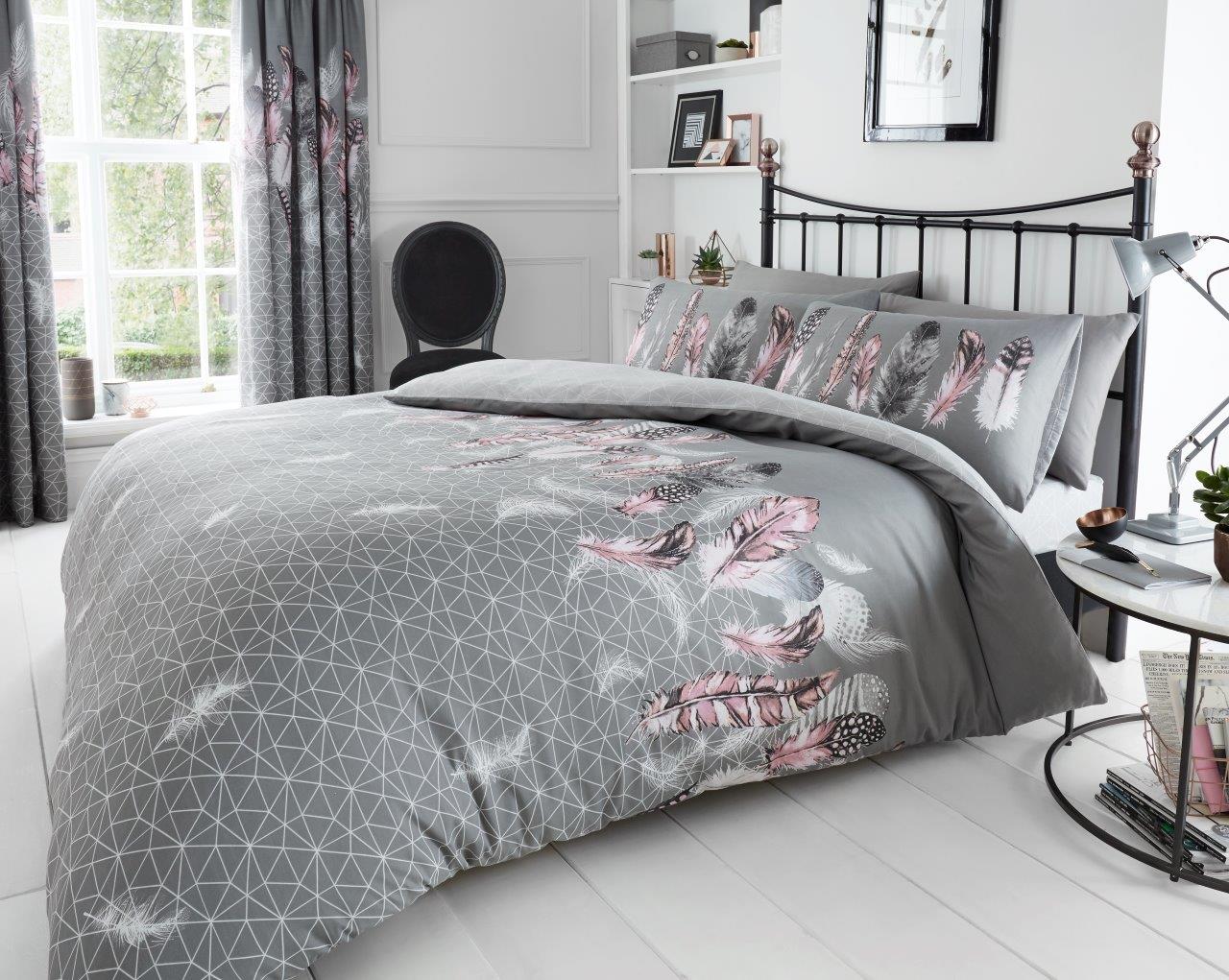 Feathers Duvet Quilt Cover & Pillow Case Bedding Set Grey Pink Yellow White
