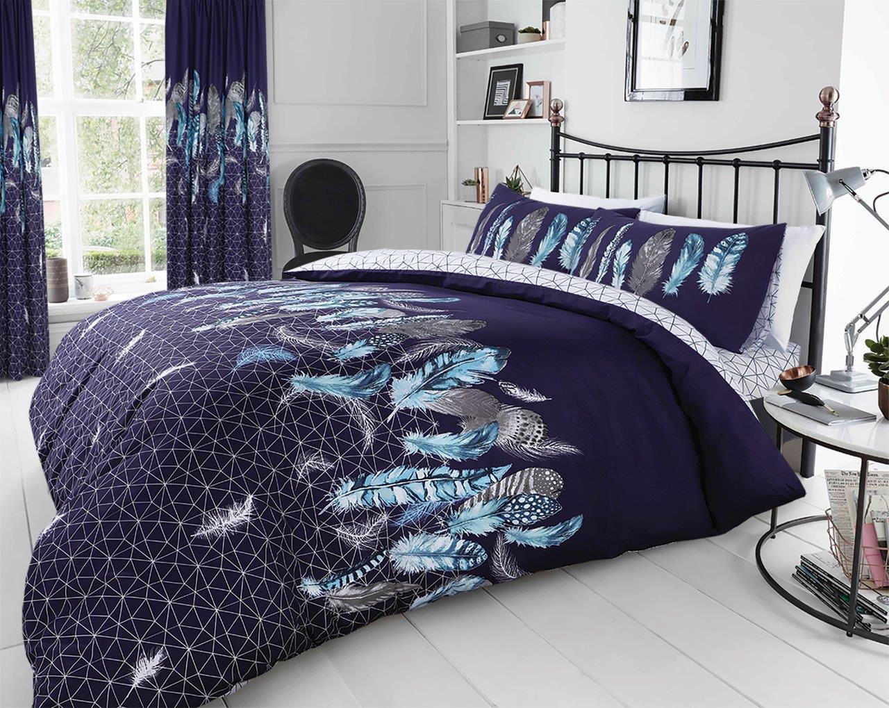 Feathers Duvet Quilt Cover & Pillow Case Bedding Set Grey Pink Yellow White