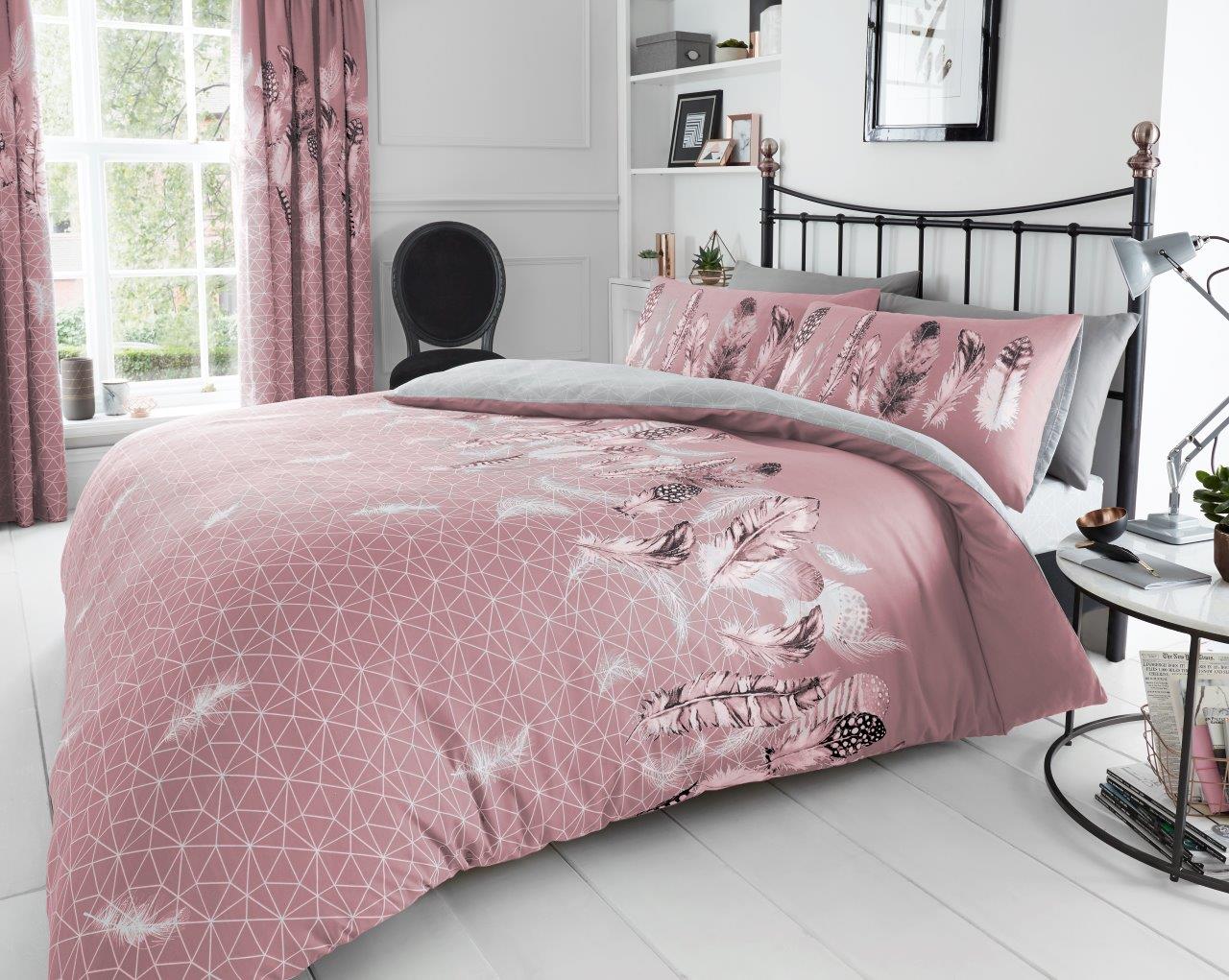 Feathers Duvet Quilt Cover & Pillow Case Bedding Set Grey Pink Yellow White