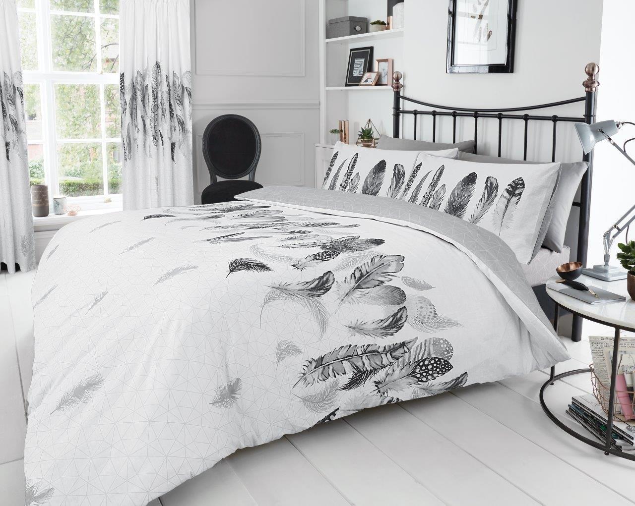 Feathers Duvet Quilt Cover & Pillow Case Bedding Set Grey Pink Yellow White