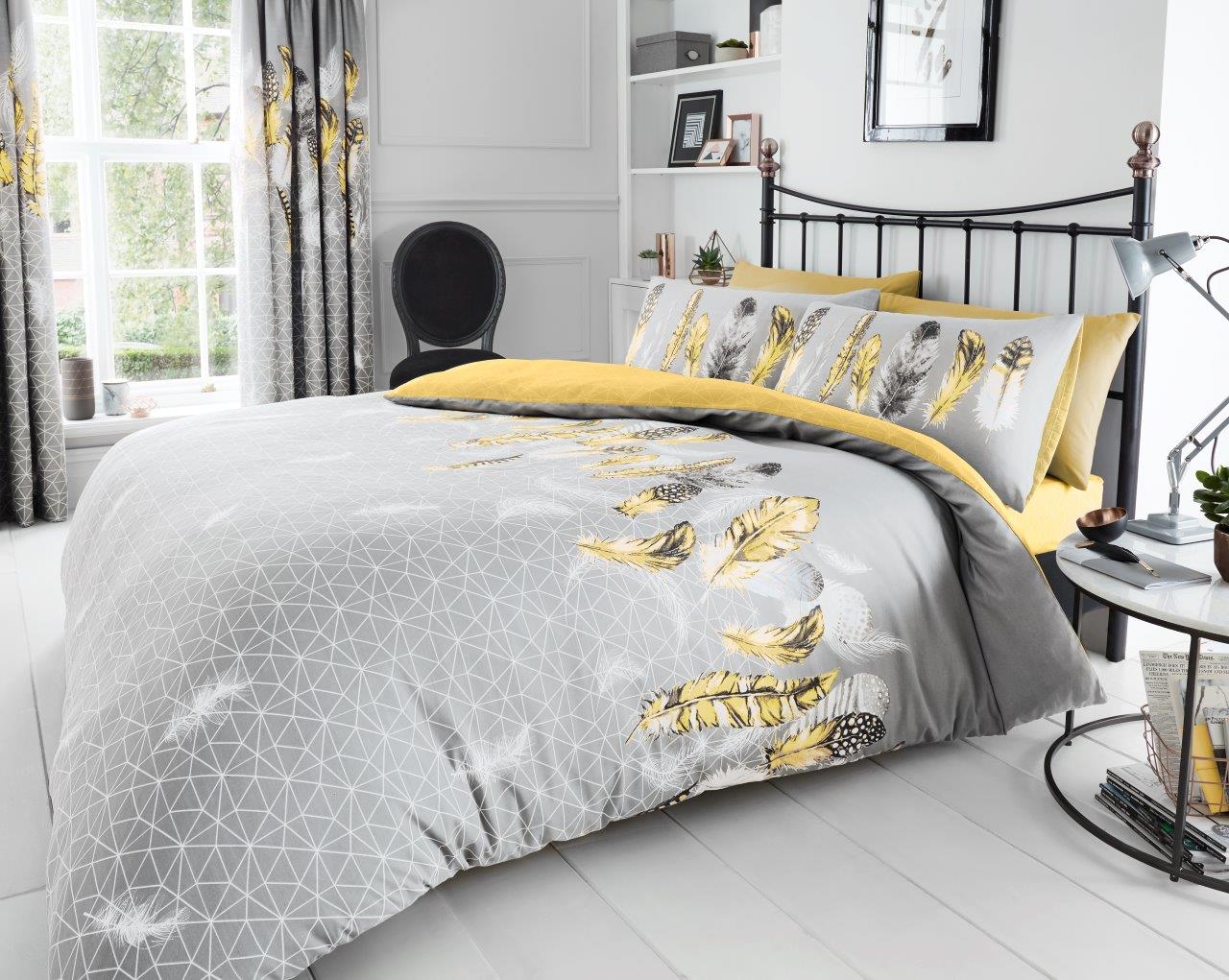 Feathers Duvet Quilt Cover & Pillow Case Bedding Set Grey Pink Yellow White