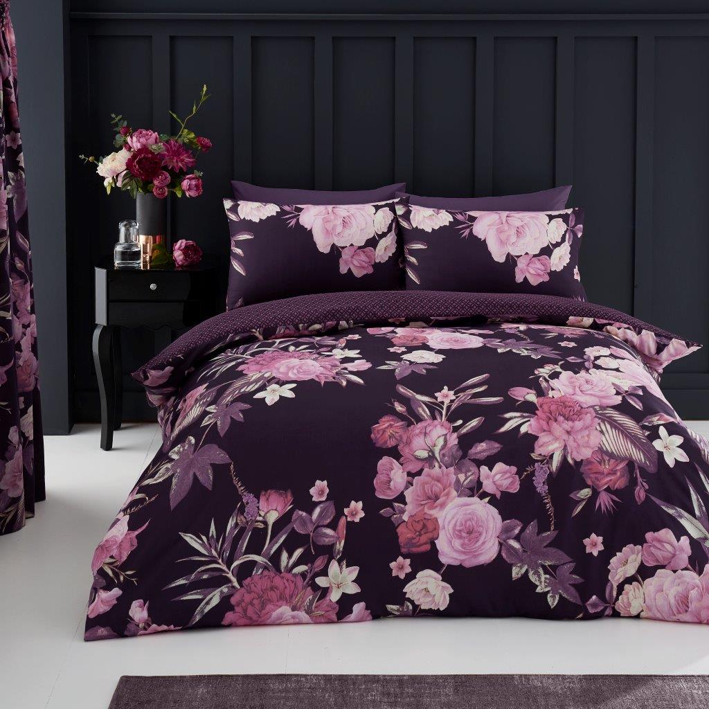 Flora Floral Duvet Quilt Cover & Pillow Case Bedding Set Purple Teal