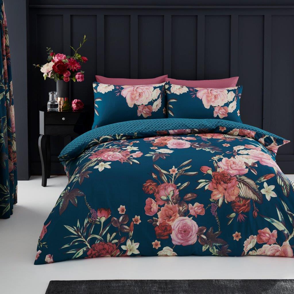 Flora Floral Duvet Quilt Cover & Pillow Case Bedding Set Purple Teal