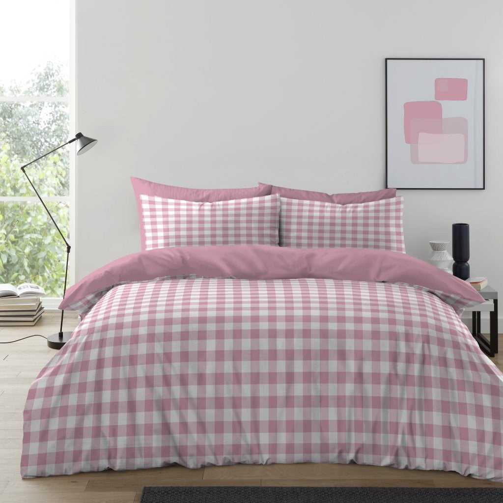 Gingham Check Duvet Cover with Pillowcases Reversible Quilt Bedding Set All Size