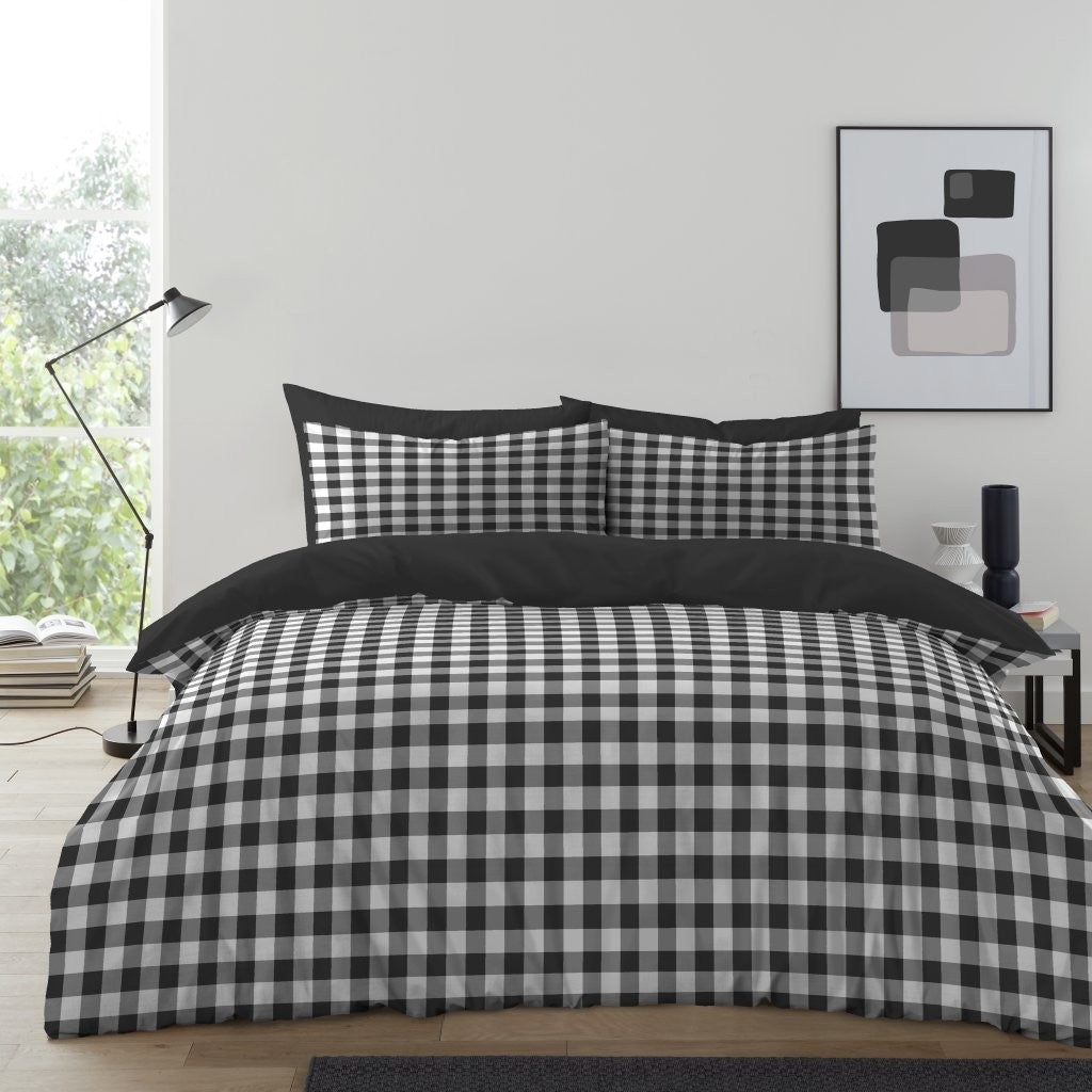 Gingham Check Duvet Cover with Pillowcases Reversible Quilt Bedding Set All Size