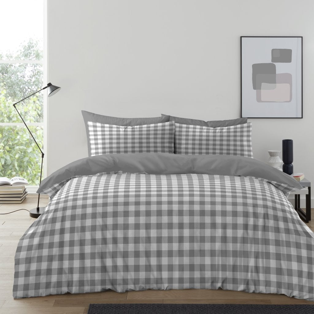 Gingham Check Duvet Cover with Pillowcases Reversible Quilt Bedding Set All Size