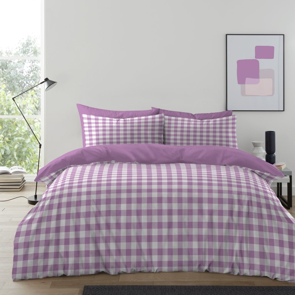 Gingham Check Duvet Cover with Pillowcases Reversible Quilt Bedding Set All Size