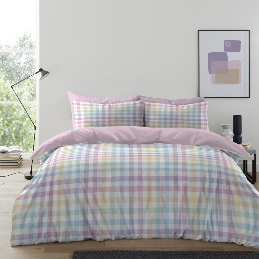 Gingham Check Duvet Cover with Pillowcases Reversible Quilt Bedding Set All Size