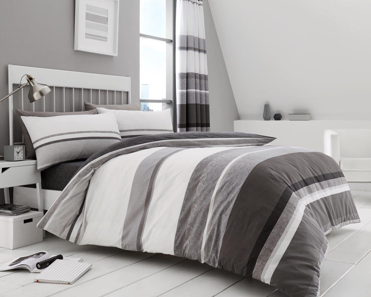 Hudson Stripe Duvet Quilt Cover & Pillow Case Bedding Set Grey Natural Teal