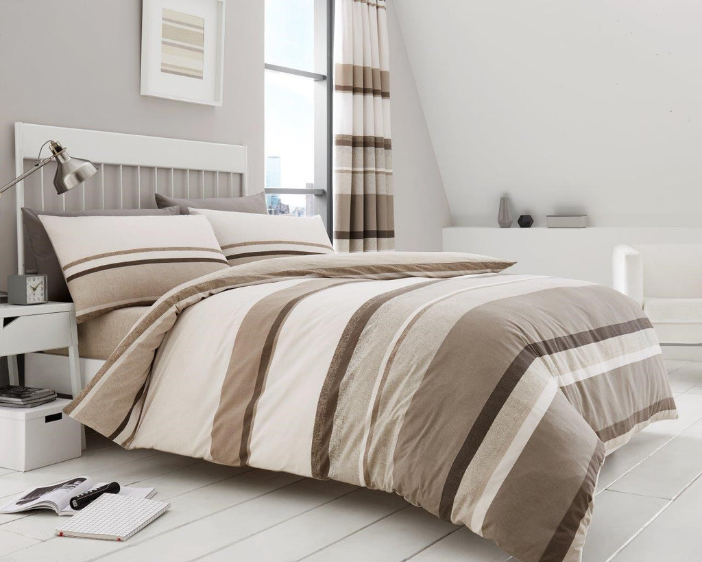 Hudson Stripe Duvet Quilt Cover & Pillow Case Bedding Set Grey Natural Teal