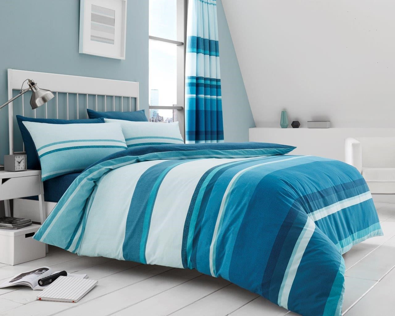 Hudson Stripe Duvet Quilt Cover & Pillow Case Bedding Set Grey Natural Teal