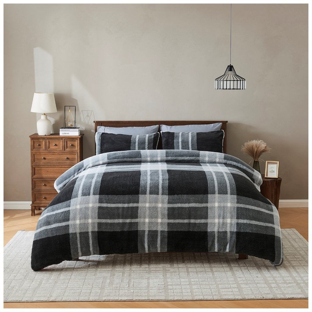 Reversible Teddy Bear Fleece Check Duvet Cover Thermal Warm Quilt Bedding Set