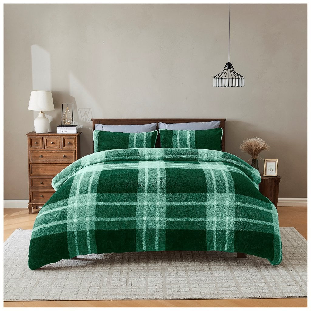 Reversible Teddy Bear Fleece Check Duvet Cover Thermal Warm Quilt Bedding Set