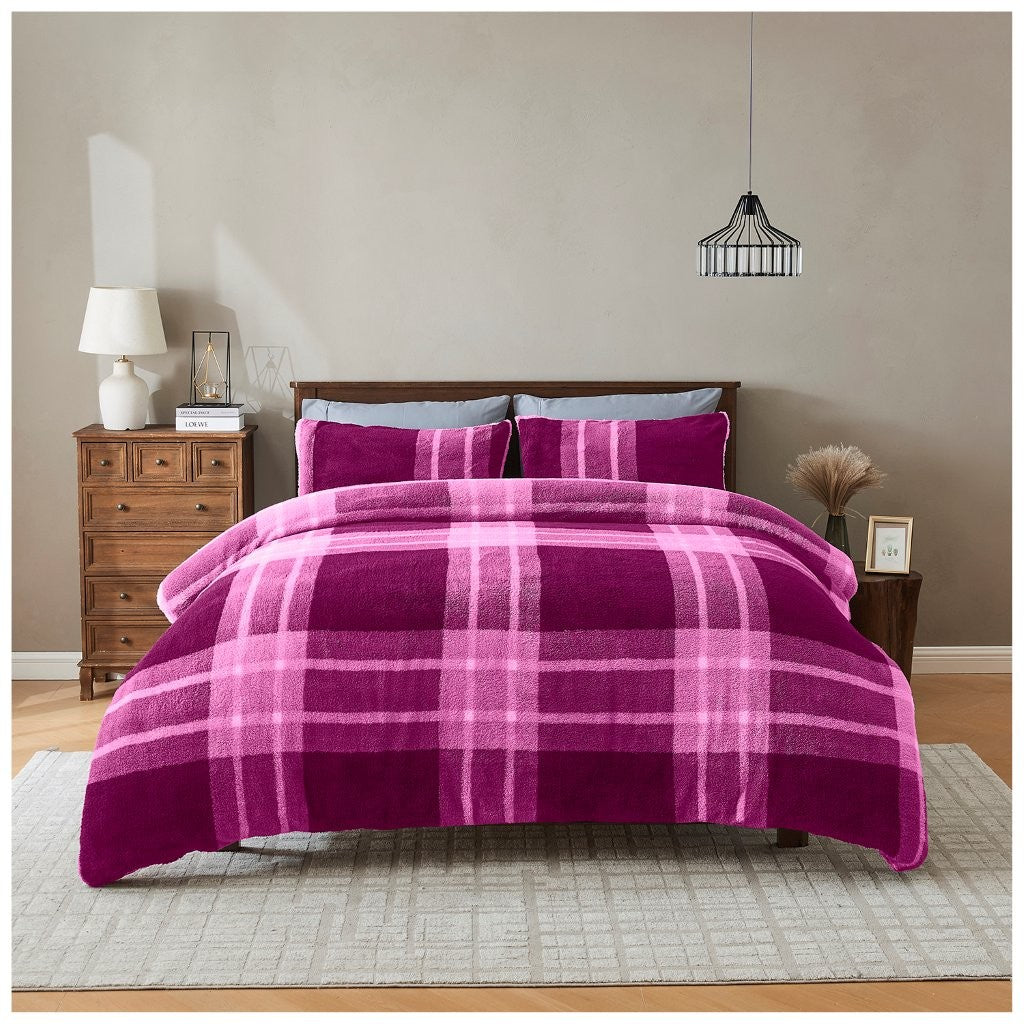 Reversible Teddy Bear Fleece Check Duvet Cover Thermal Warm Quilt Bedding Set