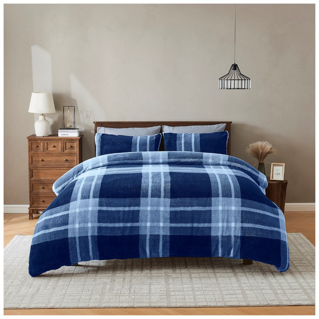 Reversible Teddy Bear Fleece Check Duvet Cover Thermal Warm Quilt Bedding Set