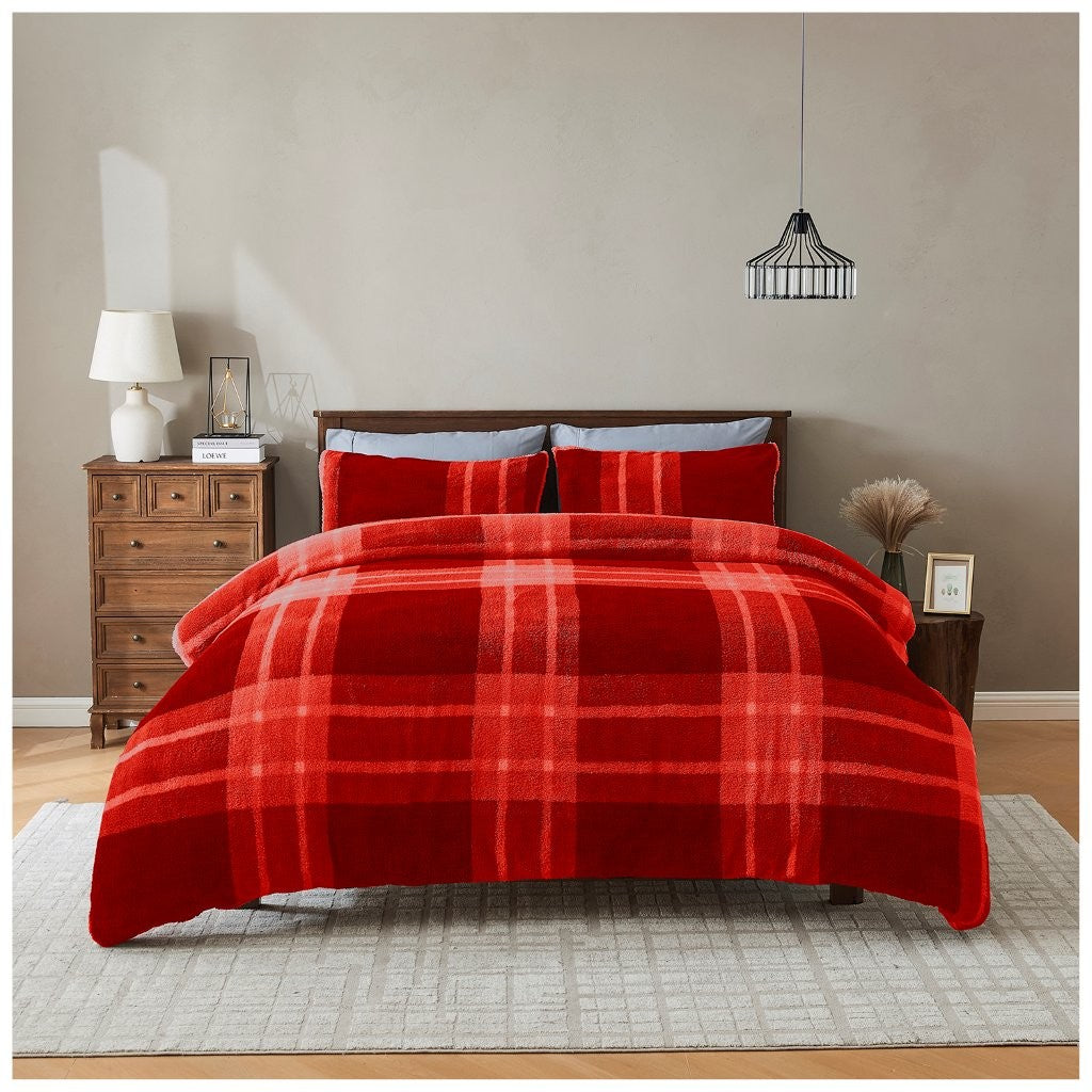 Reversible Teddy Bear Fleece Check Duvet Cover Thermal Warm Quilt Bedding Set
